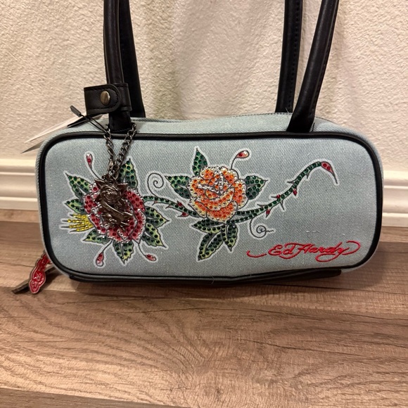 Ed Hardy Women's Floral Embroidered Shoulder Bag - Light Blue denim bag - Picture 10 of 16